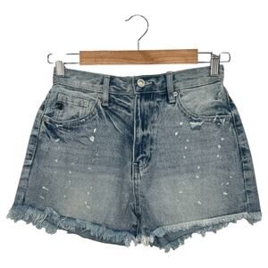 KanCan Denim Shorts Womens 3 25 High Rise Distressed Raw Hem Splatter Boho Beach